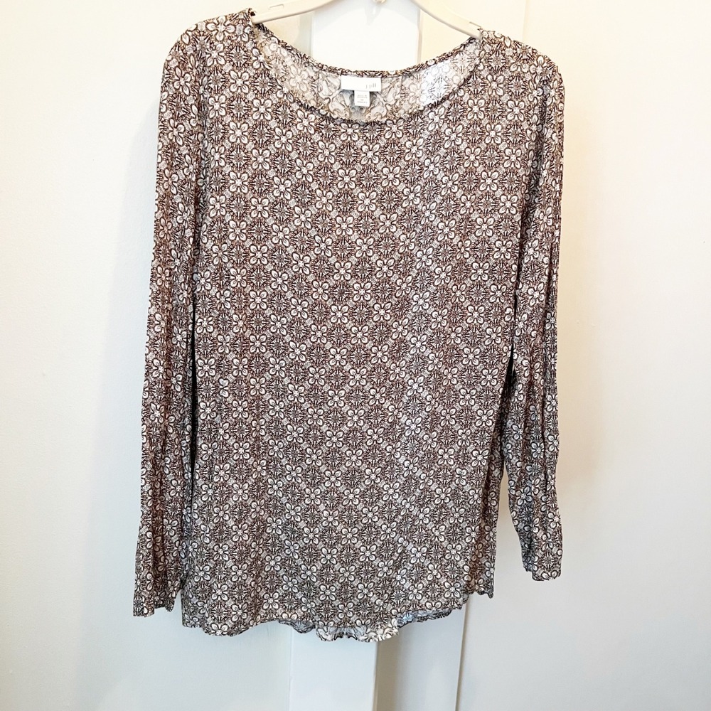J. Jill Brown Artsy Geometric Pattern Top 1X Rayon Back Pleat Workwear Office